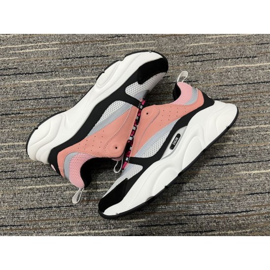 Lateral side and medial side views of Dior B22 trainers in pink and white