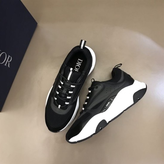 Dior B22 Black Trainers Angled Top Angle in black and white Angled top view of Dior B22 trainers in black mesh and leather panel construction in black and white