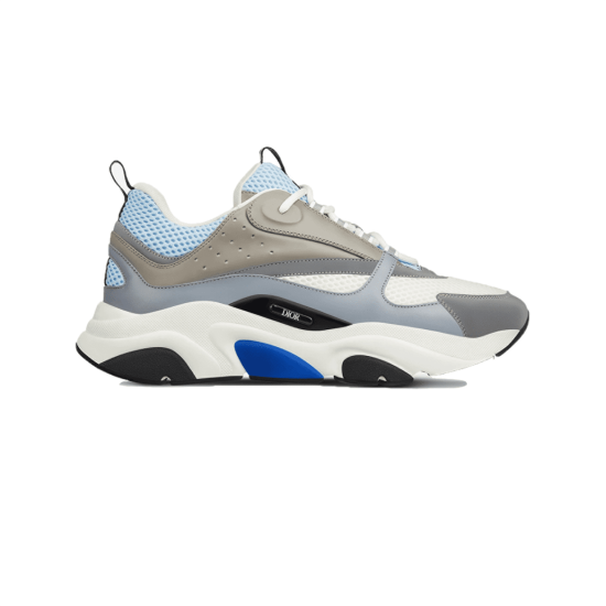 Dior B22 Trainers Profile View in grey and white Profile view of Dior B22 Trainers Grey White Blue Mesh Leather against a plain background