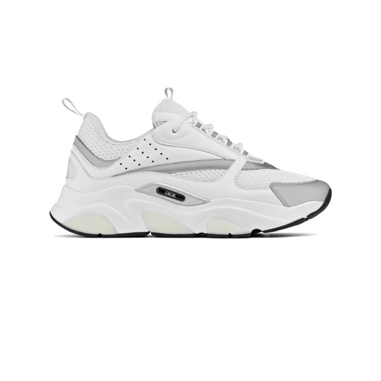 Dior B22 White Trainer Side Profile in white and silver Side profile view of Dior B22 white technical mesh trainer with silver accents