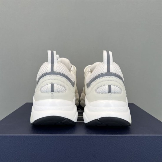 Dior B22 Trainers Heel View in white and silver Rear view of Dior B22 white trainers displaying heel pull tabs and padded collars in white and silver