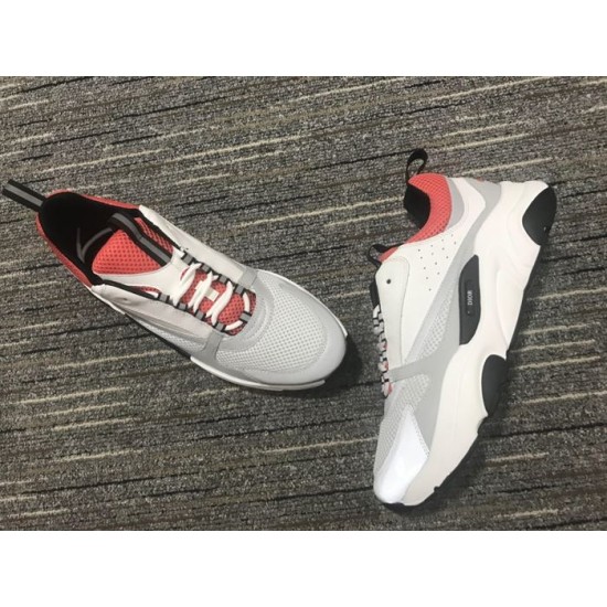 Overhead and side profile view of Dior B22 White Grey Red Trainers pair