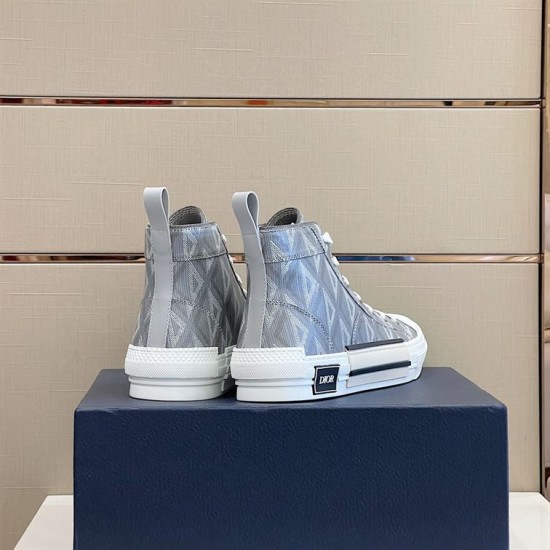 Dior B23 Trainers Rear Heel View in grey Rear view of Dior B23 grey fabric high-top trainers showing heel tabs