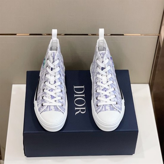 Dior B23 High-Top Trainers Monogram Canvas White Blue Top View Top-down front view of Dior B23 High-Top Trainers Monogram Canvas White Blue pair on shoe box