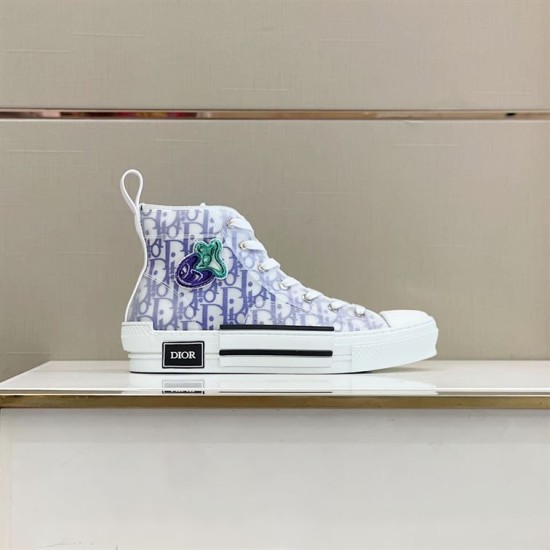 Dior B23 High-Top Trainers Monogram Canvas White Blue Side View Dior B23 High-Top Trainers Monogram Canvas White Blue side profile on display shelf