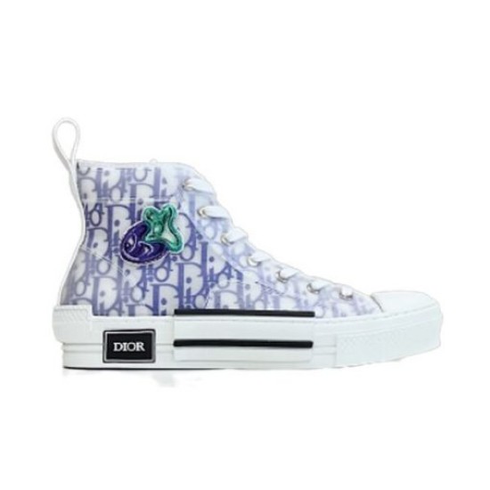 Dior B23 High-Top Trainers Monogram Canvas White Blue Side Close-Up Dior B23 High-Top Trainers Monogram Canvas White Blue side view close-up detail