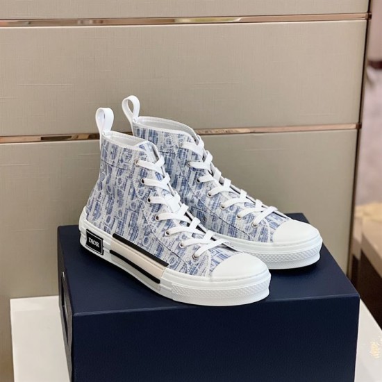 Dior B23 High Top Blue Oblique Trainers Pair Pair of Dior B23 High Top Blue Monogram Trainers resting on box