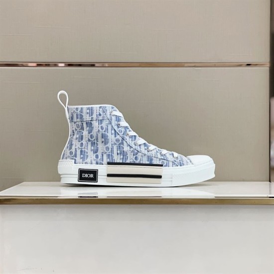 Dior B23 High Top Blue Oblique Trainer Display View Side view of Dior B23 High Top Blue Monogram Trainer on display shelf