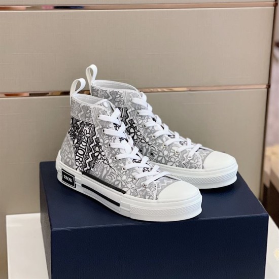 Dior B23 High Top Trainers Printed Pattern White Black Angled View Dior B23 High Top Trainers Printed Pattern White Black angled pair resting on box