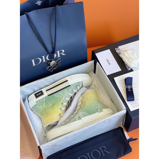 Dior B23 High-Top Trainers Boxed Presentation in green and yellow Dior B23 green and yellow gradient high-top trainers inside branded box with accessories