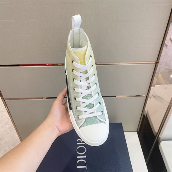 Dior B23 High-Top Trainer Overhead View in green and yellow Overhead view of single Dior B23 high-top trainer showing lacing and green and yellow gradient upper