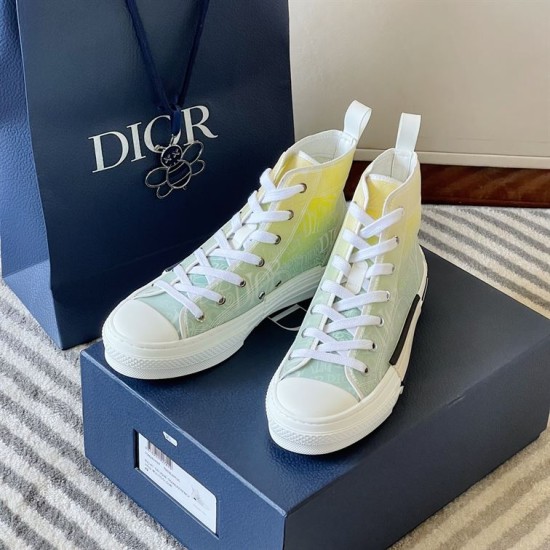 Dior B23 High-Top Trainers Angled View with Box in green and yellow Angled view of Dior B23 high-top trainers in green and yellow gradient with original packaging