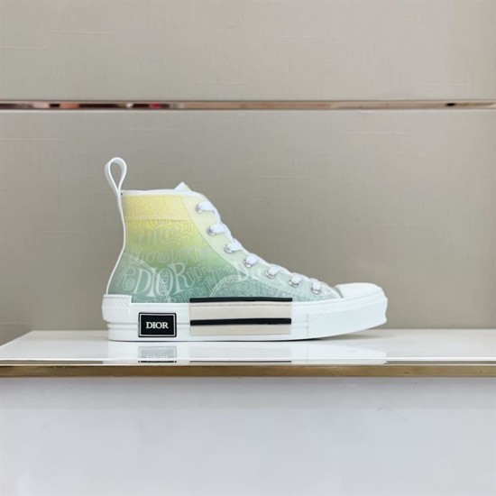 Dior B23 High-Top Trainers Display View in green and yellow Side display of Dior B23 high-top trainers with green and yellow gradient upper and white midsole
