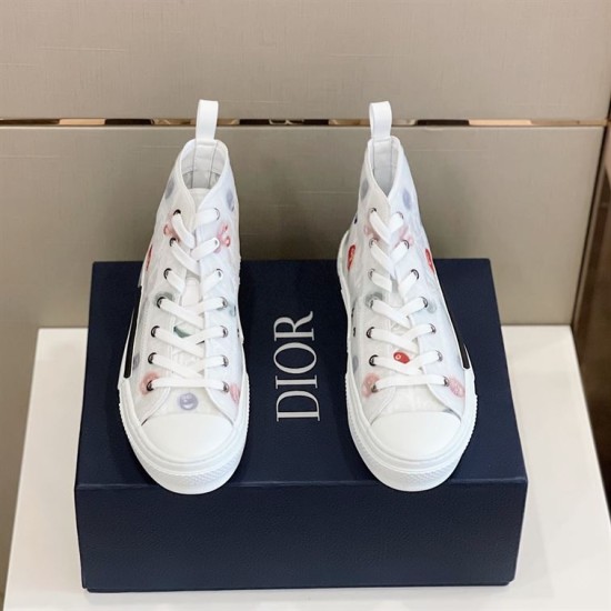 Pair of Dior B23 High Top White Printed Oblique Canvas Trainers Front View Pair of Dior B23 High Top White Printed Oblique Canvas Trainers top-front view on shoe box