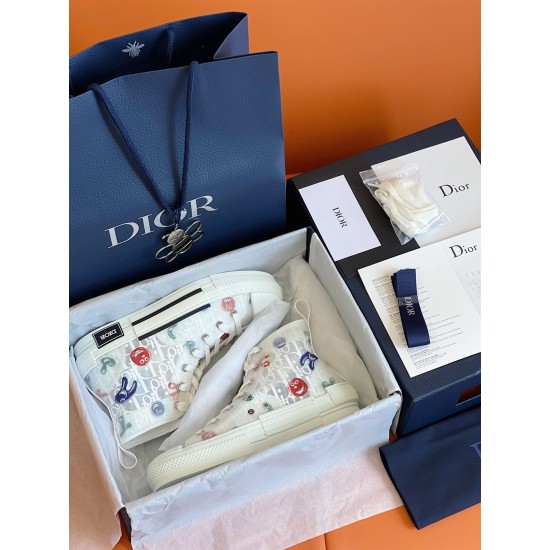 Dior B23 High Top White Printed Oblique Canvas Trainers Box Set Dior B23 High Top White Printed Oblique Canvas Trainers inside packaging box with accessories