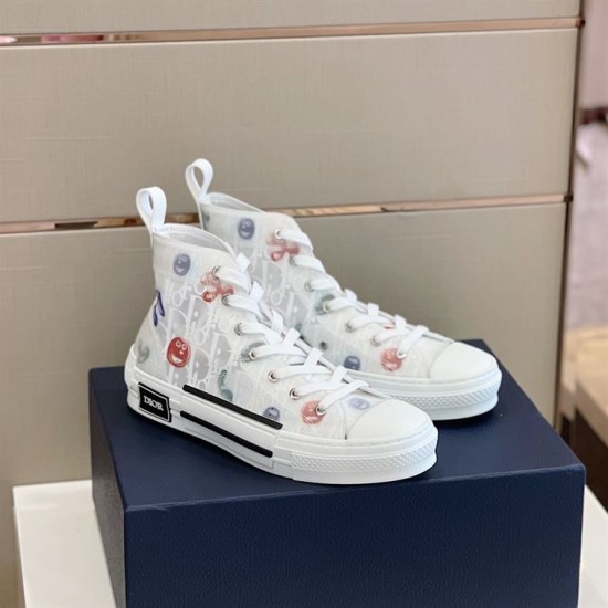 Dior B23 High Top White Printed Oblique Canvas Trainers Pair View Pair of Dior B23 High Top White Printed Oblique Canvas Trainers side perspective on box