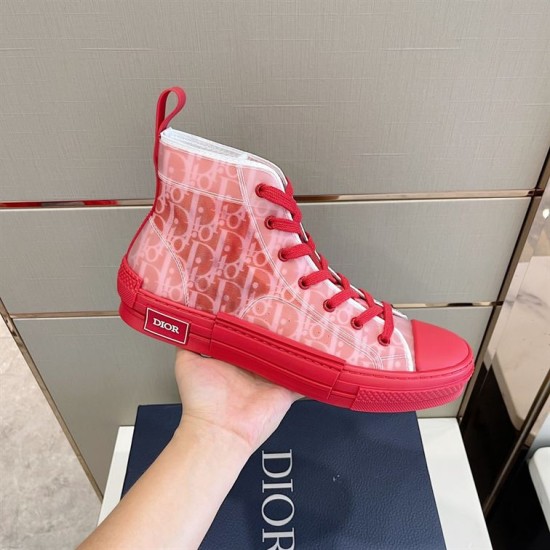 Dior B23 High Top Oblique Red Trainers Handheld View in red and white Dior B23 High Top Oblique Red Trainers single shoe held in hand close-up in red and white