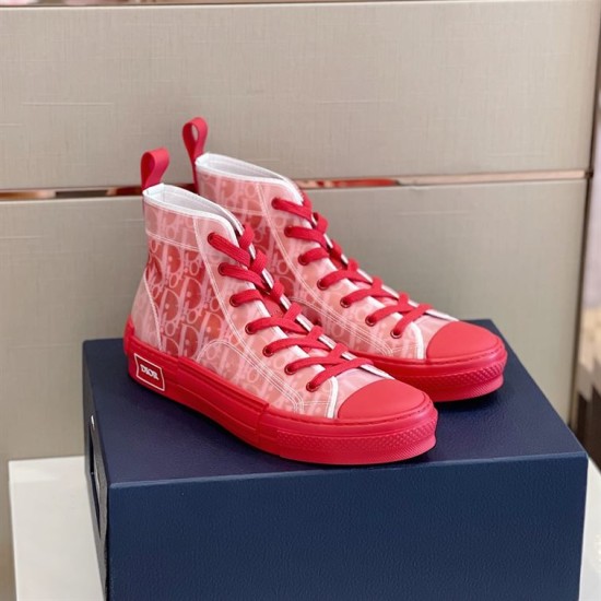 Dior B23 High Top Oblique Red Trainers Pair Display in red and white Dior B23 High Top Oblique Red Trainers pair display on branded box in red and white