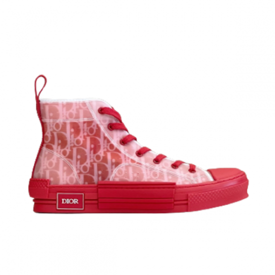 Dior B23 High Top Oblique Red Trainers Lateral View in red and white Dior B23 High Top Oblique Red Trainers side elevation on plain background in red and white