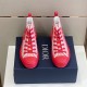 Dior B23 High Top Oblique Red Trainers Front View in red and white Dior B23 High Top Oblique Red Trainers pair front view resting on shoe box in red and white