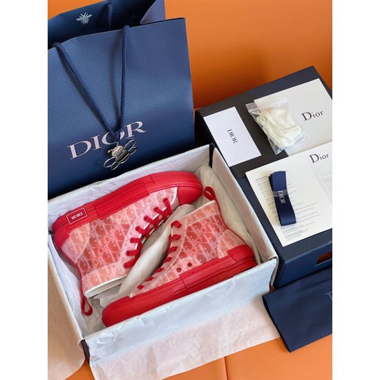 Dior B23 High Top Oblique Red Trainers Unboxing in red and white Dior B23 High Top Oblique Red Trainers unboxing view with packaging and accessories in red and white