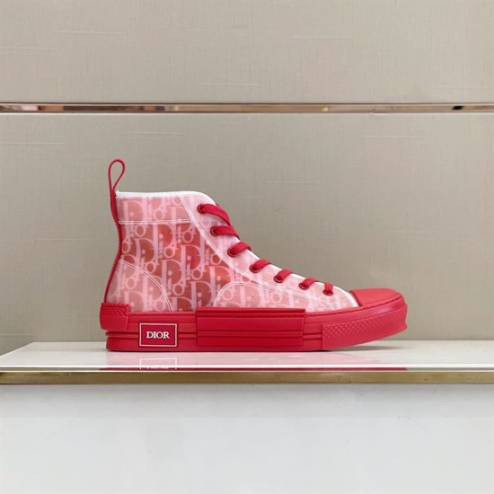Dior B23 High Top Oblique Red Trainers Profile in red and white Dior B23 High Top Oblique Red Trainers profile view on white shelf