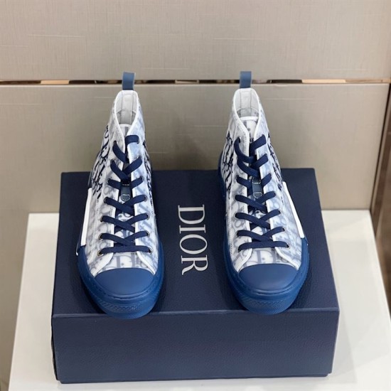 Dior B23 High-Top Oblique Canvas Blue Trainers Top View Top-down front angle view of Dior B23 High-Top Oblique Canvas Blue Trainers on box