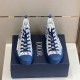 Dior B23 High-Top Oblique Canvas Blue Trainers Top View Top-down front angle view of Dior B23 High-Top Oblique Canvas Blue Trainers on box