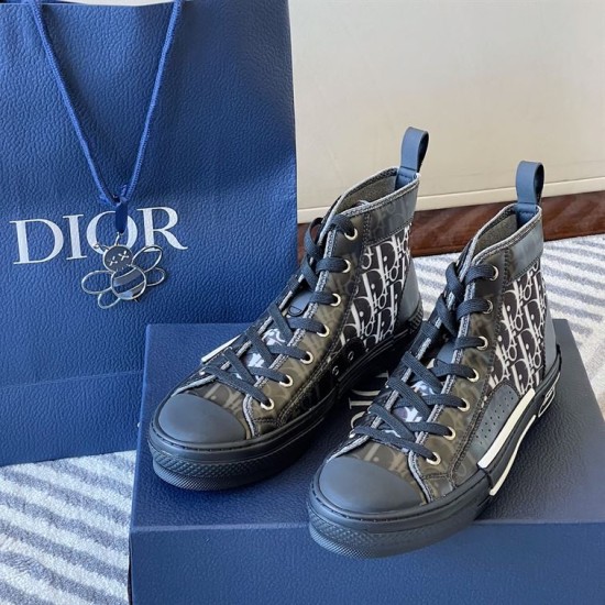 Angled Pair View of Dior Dark Grey High-Top Trainers in grey and white Angled front pair view of Dior dark grey high-top trainers with branded box in grey and white