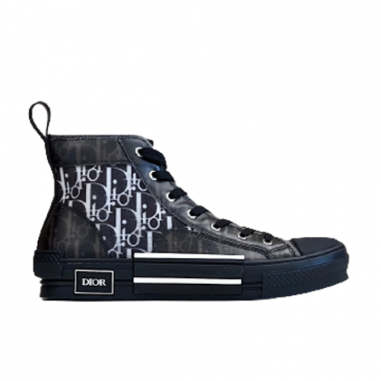 Isolated Profile View of Dior Dark Grey High-Top Trainer in grey and white Isolated side view of dark grey Dior high-top Oblique canvas trainer in grey and white