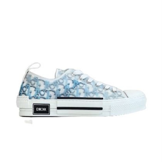 Dior B23 Low Top Oblique Monogram Blue Trainers Side View in blue and white Side profile view of Dior B23 Low Top Oblique Monogram Blue Trainers on white background