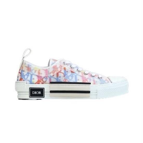 Dior B23 Low-Top Multicolour Trainer Side View in multicolour and white Side profile of Dior B23 low-top trainer showing multicolour canvas and white sole on white background