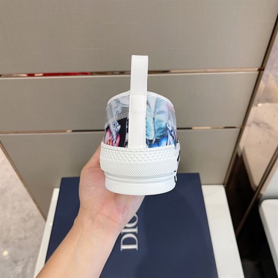Rear view of Dior B23 low-top trainer showing white heel pull tab and rubber sole in blue and pink