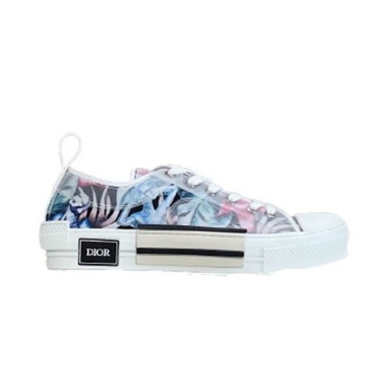 Full lateral view of Dior B23 low-top trainer with transparent overlay over floral print in blue and pink