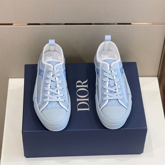 Pair of Dior B23 Light Blue Trainers Front Angle in light blue and white Top down front view of pair of light blue Dior B23 trainers on blue box in light blue and white