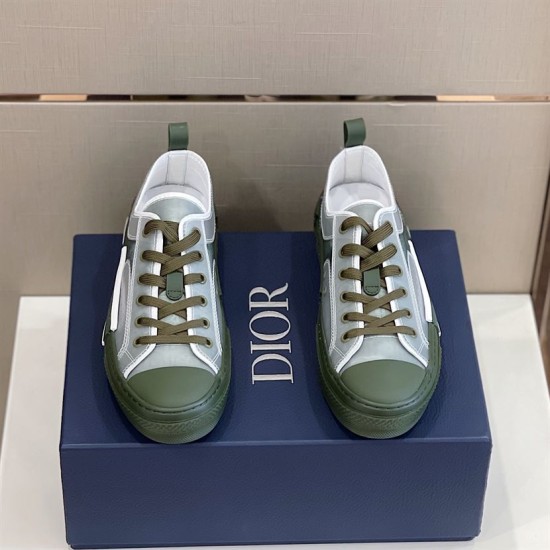 Dior B23 Low Top Trainers Green Oblique Canvas top-down front pair view on blue shoebox in green and white