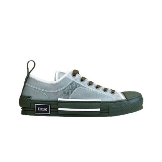 Dior B23 Low Top Trainers Green Oblique Canvas isolated side view showing layered rubber sole in green and white
