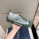 Dior B23 Low Top Trainers Green Oblique Canvas close-up hand holding shoe side profile in green and white