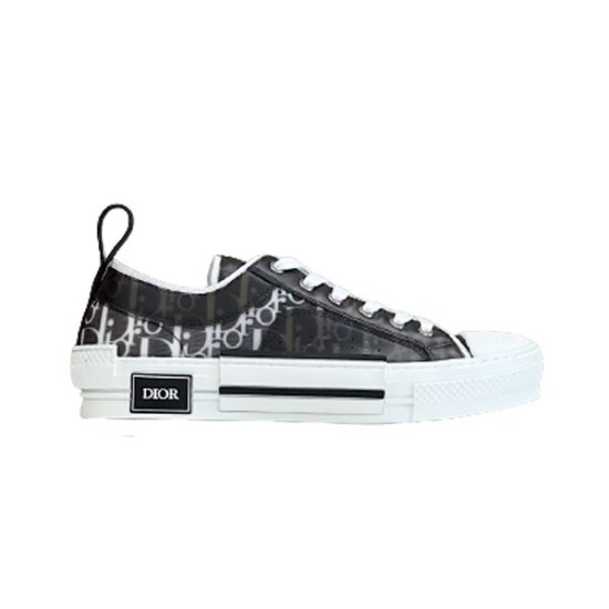 Dior B23 Low Top Black Monogram Canvas Trainers Profile View in black and white Dior B23 Low Top Black Monogram Canvas Trainers side profile view on white background