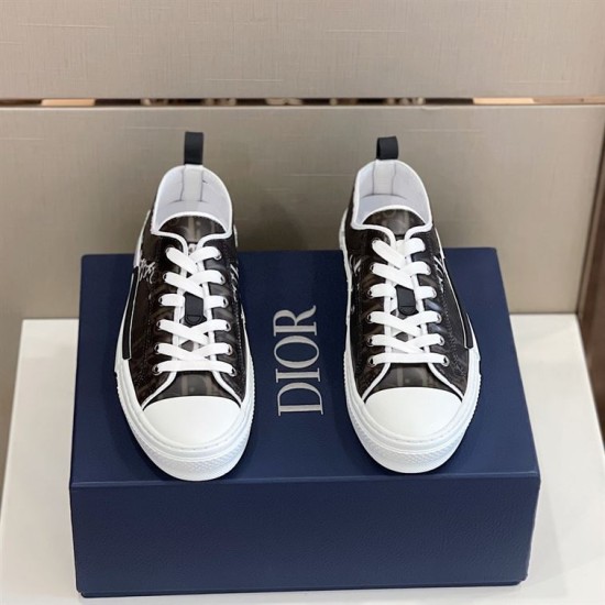 Dior B23 Low Top Black Monogram Canvas Trainers Top Down View in black and white Top-down view of Dior B23 Low Top Black Monogram Canvas Trainers pair on box in black and white