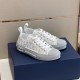Dior B23 Low Top Grey Oblique Canvas Trainers Angled View Angled view of grey oblique canvas trainers sitting on shoe box