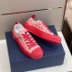 Angled side view of Dior B23 Low Top Red Oblique Canvas Trainers on box