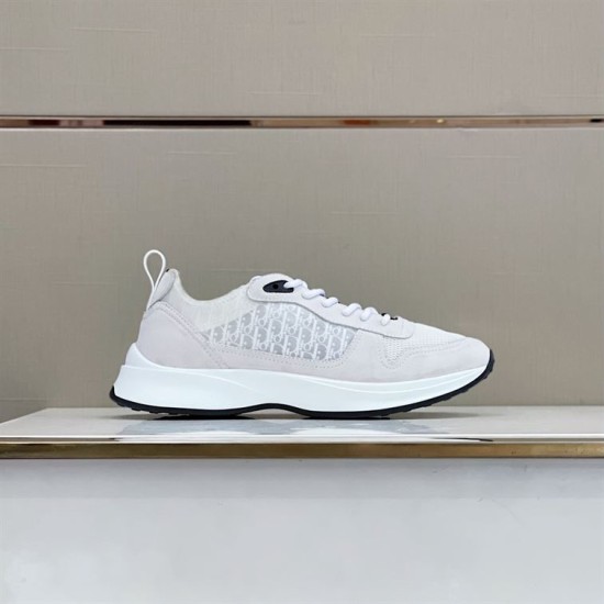 Dior B25 Runner Monogram Low Top White Trainers Side Angle Lateral side view of Dior B25 Runner Monogram Low Top White Trainers on display surface