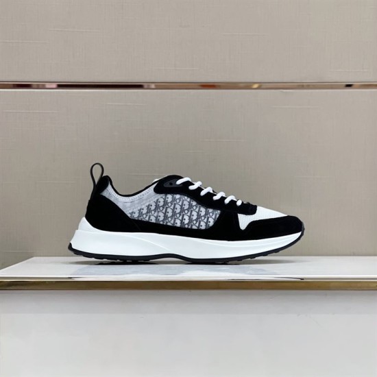 Dior B25 Runner Side View in black and white Side profile of black and white Dior B25 Runner low top trainer on display counter