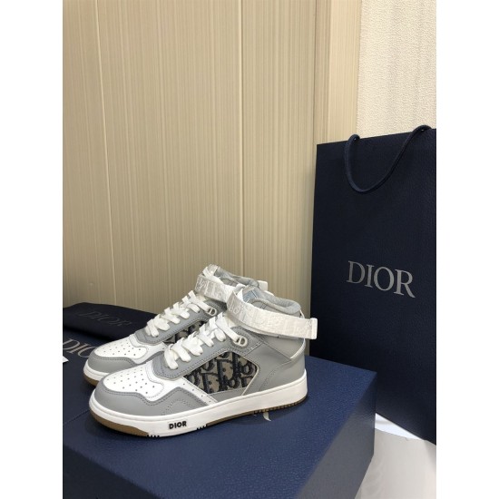 Dior B27 High-Top Grey Leather Trainers Front View Dior B27 High-Top Grey Leather Trainers pair front three-quarter view