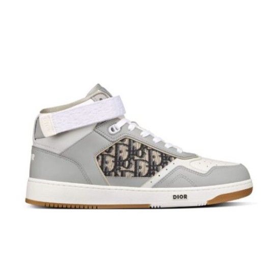 Dior B27 High-Top Grey Leather Trainer Studio Profile Studio view of Dior B27 High-Top Grey Leather Trainer lateral side profile