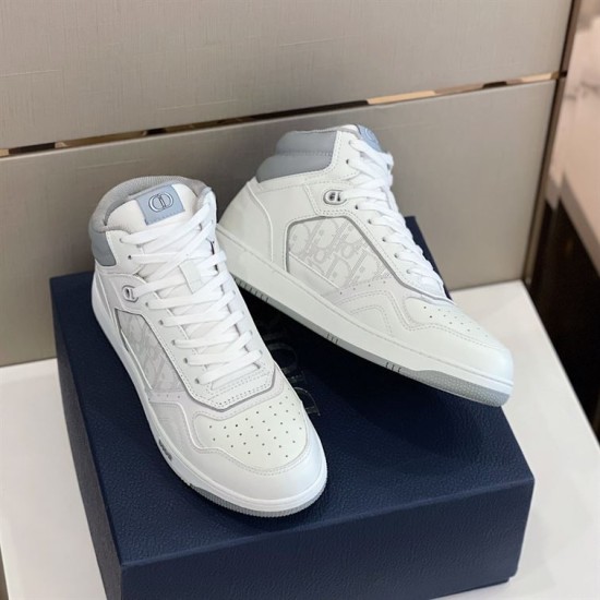 Dior High Top Leather Trainers Front Angle in white and grey Angled front view of white and grey Dior high top trainers on shoe box