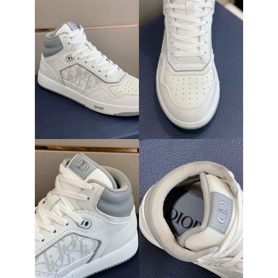 Dior High Top Leather Trainer Detailed Features Collage in white and grey Four-panel collage displaying close-up details of tongue, lining and panels in white and grey