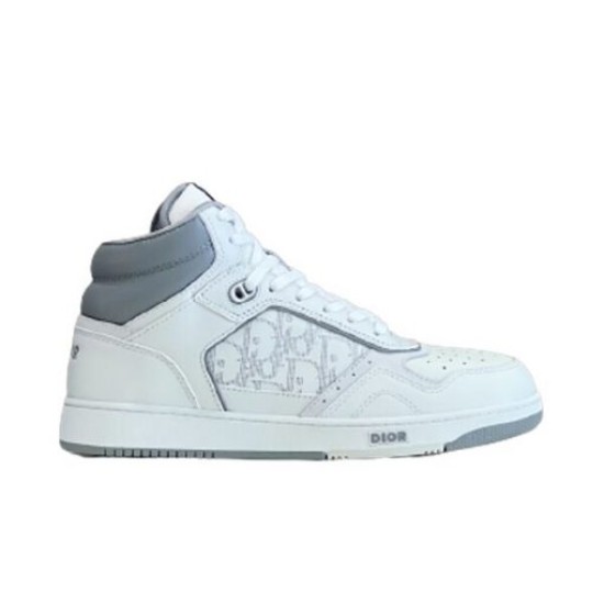Dior High Top Leather Trainer Full Profile View in white and grey Full lateral view of Dior high top leather trainer in white and grey