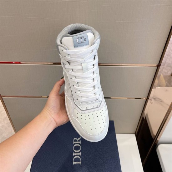Dior High Top Leather Trainer Top View in white and grey Top-down view showing lace unit and perforated toe box of white high-top trainer in white and grey